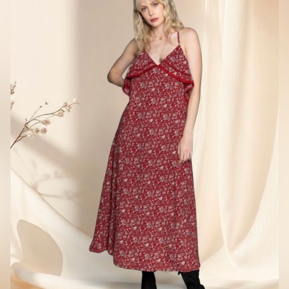 POL Red Ditzy Floral Midi Dress | Ruffle Lace Details - Picture 7 of 7